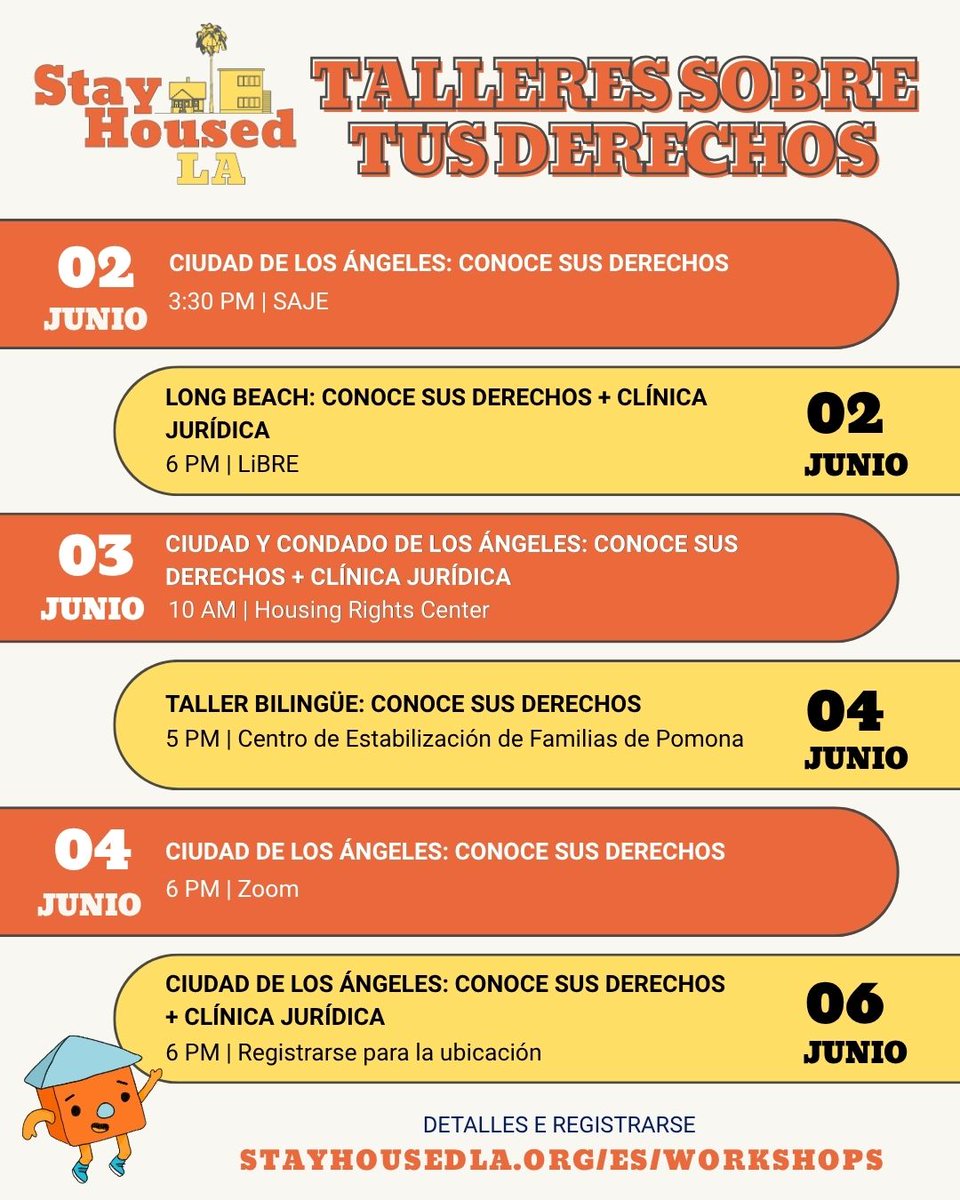 stayhousedla's tweet photo. ¡Resumen semanal de talleres! Los talleres «Conozca sus derechos» están abiertos a todos los inquilinos. Los talleres sobre desalojo están dirigidos a inquilinos que se enfrentan a un desalojo. Visita https://t.co/BvgMPp6Tct para obtener más información y registrarse. https://t.co/44l2p3VFBN