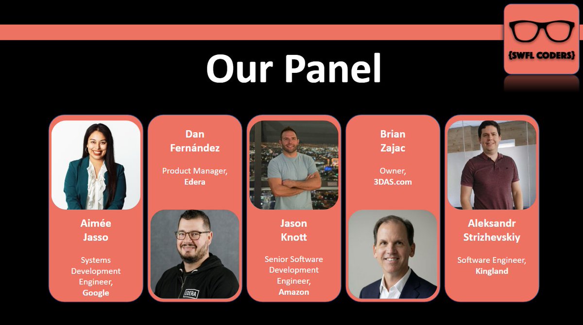 SWFLCoders's tweet photo. Thanks to everyone who joined us. The group just turned 9 years old, and this was our first panel discussion. 
It felt special sharing that moment with you all, and we’re grateful for such an incredible group of panelists.

Thank you to Aimée, Dan, Jason, Brian, and Alecsandr! ✨ https://t.co/ckJR8KQlgO
