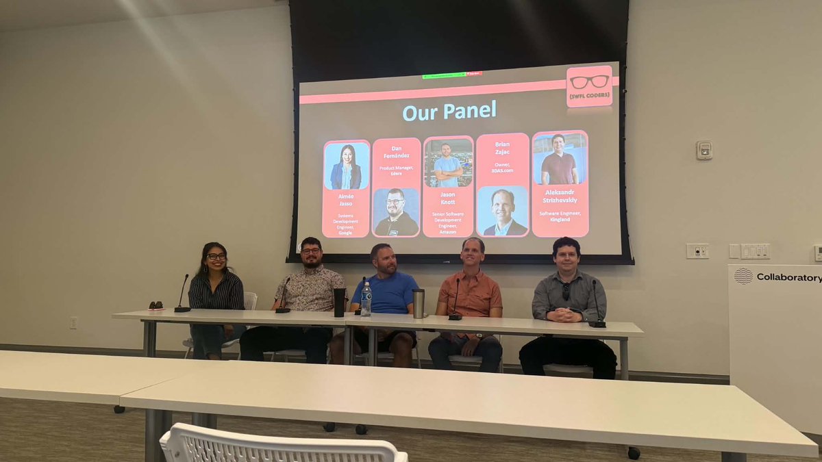 SWFLCoders's tweet photo. Thanks to everyone who joined us. The group just turned 9 years old, and this was our first panel discussion. 
It felt special sharing that moment with you all, and we’re grateful for such an incredible group of panelists.

Thank you to Aimée, Dan, Jason, Brian, and Alecsandr! ✨ https://t.co/ckJR8KQlgO