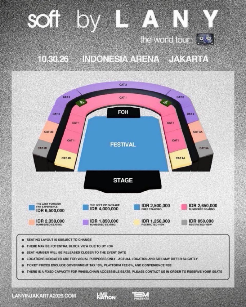 Algorithm6pm's tweet photo. Ticketing Service | #WTS
LANY SOFT WORLD TOUR IN JAKARTA  

• THE LAST FOREVER FAN EXPERIENCE - 3x
• CAT 1 - 3x
• FREE STANDING 

side by side
Interfans, okk

DM📨
#LANYinJakarta2026 #softworldtour
 #LANYinJakarta https://t.co/ITqQ8BMsMH