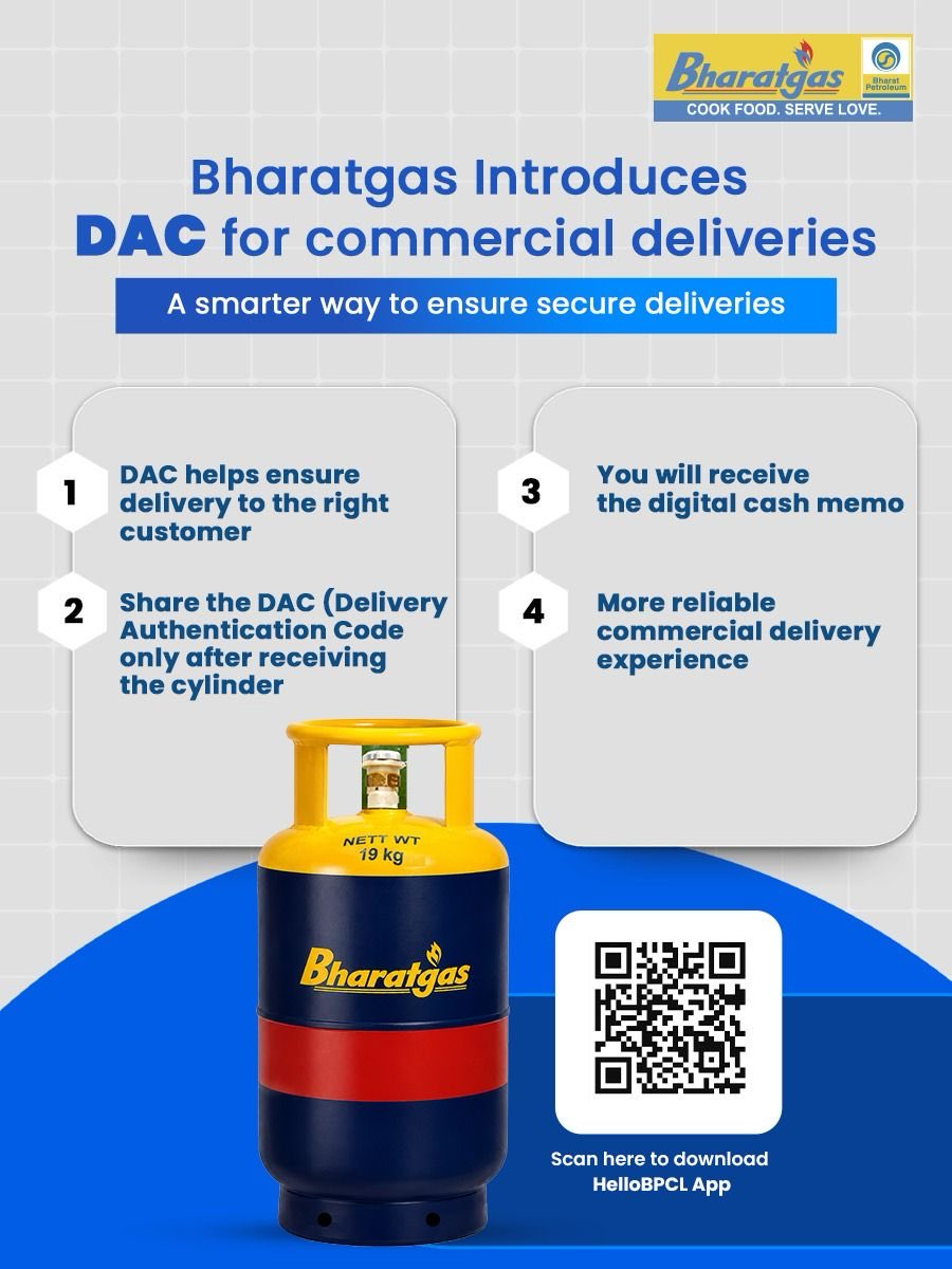 BPCLPatna's tweet photo. Bharatgas introduces DAC (Delivery Authentication Code) for commercial deliveries. Share the DAC only after receiving the cylinder—ensuring a transparent, secure &amp; reliable delivery experience
@BPCLimited @BPCLLPG @PetroleumMin @HardeepSPuri @Secretary_MoPNG
#BharatgasCommercial https://t.co/e2STHhBWOf