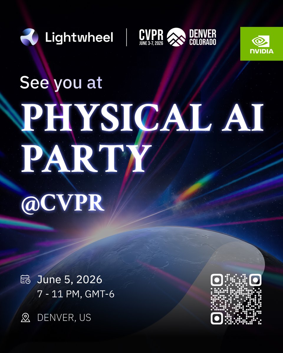 LightwheelAI's tweet photo. Vision becomes physical.

As AI moves from seeing the world to acting in it, the next challenge is building a continuous learning system across data, simulation, evaluation, and real world execution.

During #CVPR2026, @LightwheelAI is bringing the Physical AI community together in Denver with @NVIDIARobotics.

Expect drinks, food, light DJ, and high quality conversations across vision, robotics, world models, Physical AI data, simulation, and deployment.

📍 Denver
🗓 June 5, 2026
🕖 7 to 11 PM MDT

Request your invite through the QR code.

See you in Denver.

#PhysicalAI #ComputerVision #Robotics #Simulation #EmbodiedAI