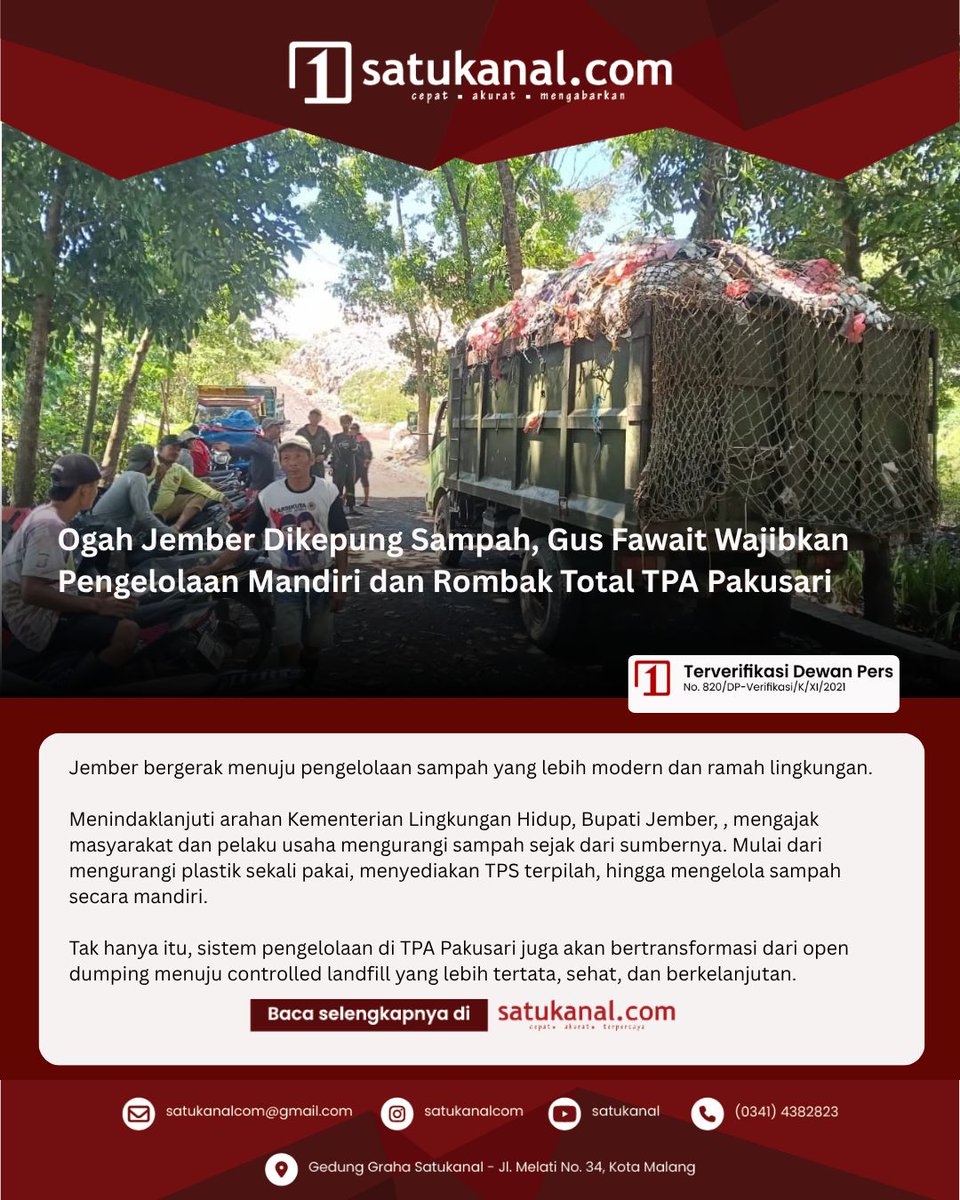 satukanalcom's tweet photo. Ogah Jember Dikepung Sampah, Gus Fawait Wajibkan Pengelolaan Mandiri dan Rombak Total TPA Pakusari

Baca selengkapnya di https://t.co/hws8c3nAgT

#Satukanal #JemberBaruJemberMaju #PemkabJember https://t.co/GzUJ9jFil1