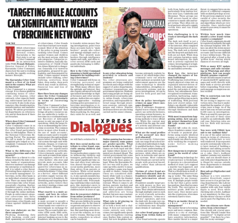 XpressBengaluru's tweet photo. #ExpressDialogues
Karnataka is the first state to set up a Cyber Command. In an interaction with TNIE, Pronab Mohanty, Director General of Police, Karnataka Cyber Command, shares how the unit is working to tackle the rapidly evolving menace. https://t.co/bQ2dMnlKRh https://t.co/n8eXLNwxvd