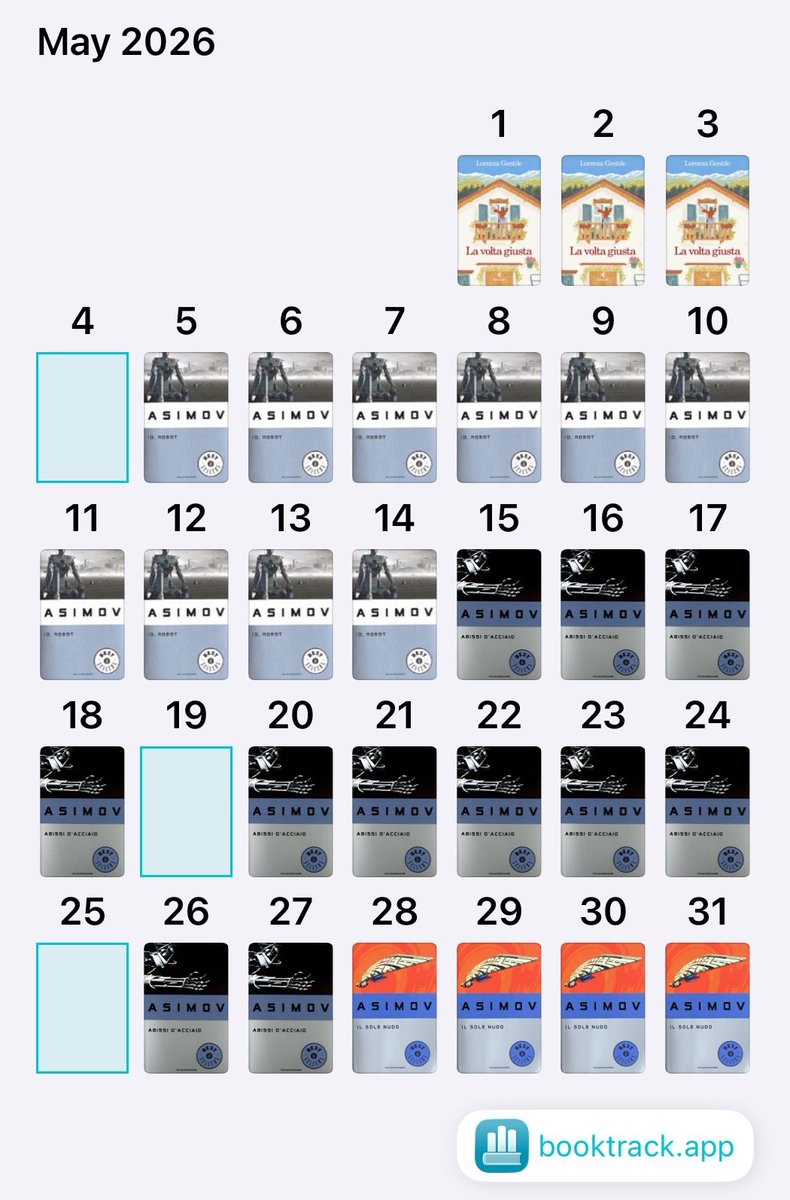 BookTrackApp's tweet photo. Four books down in May, including a long Asimov streak to close out the month. Once you start his Robot series, there’s no stopping.

How did your May go? Drop your reading stats below. https://t.co/fXHkUBkY8k