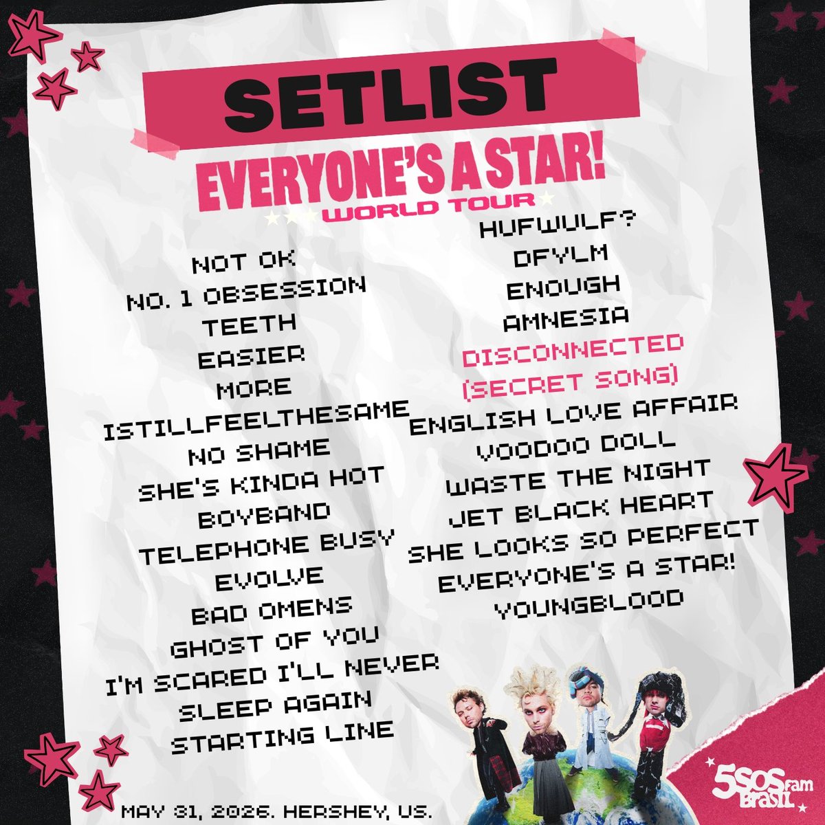 5SOSBrasilFam's tweet photo. Setlist do show de hoje em Hershey, Estados Unidos! 🌟

#EASHershey #HersheyIsAStar #EASTour https://t.co/dgQ6C1amV4