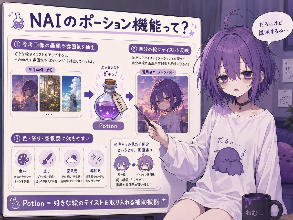 RebellioPaint's tweet photo. 最近ハマっているNAIのポーション機能について
絵柄をいろいろ変えれるので良ければぜひ https://t.co/72j6p0qwx6