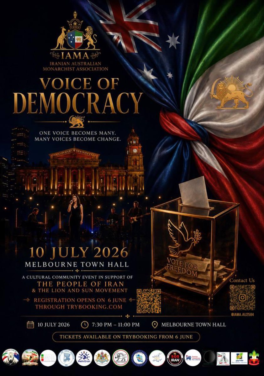 naderifar's tweet photo. همایش بزرگ ( صدای دموکراسی) در #ملبورن به همّت انجمن یاما @IAMA_2026 

با حضور و سخنرانی نمایندگان ۱۴ گروه و سازمان ملّی گرا و پادشاهی خواه از استرالیا و کشورهای دیگر؛ 
نمایندگان پارلمان و اعضای جامعه یهودی-اسرائیلی در استرالیا

همراه با اجرای زنده سروده های حماسی و یادبود جاویدنامان انقلاب ملّی ایران

۱۰ جولای ۲۰۲۶
سالن زیبا و پرشکوه Melbourne Town Hall 

#استرالیا