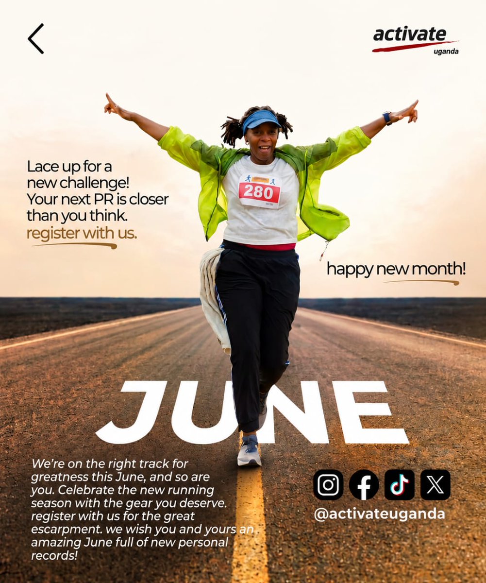 ActivateUgandaL's tweet photo. New month, new PR!🏃♀️
Lace up, hit the road, and make June count. Your next personal best is closer than you think!
#ActivateUganda #HappyNewMonth #NewMonthNewGoals https://t.co/DDj5CfENKj
