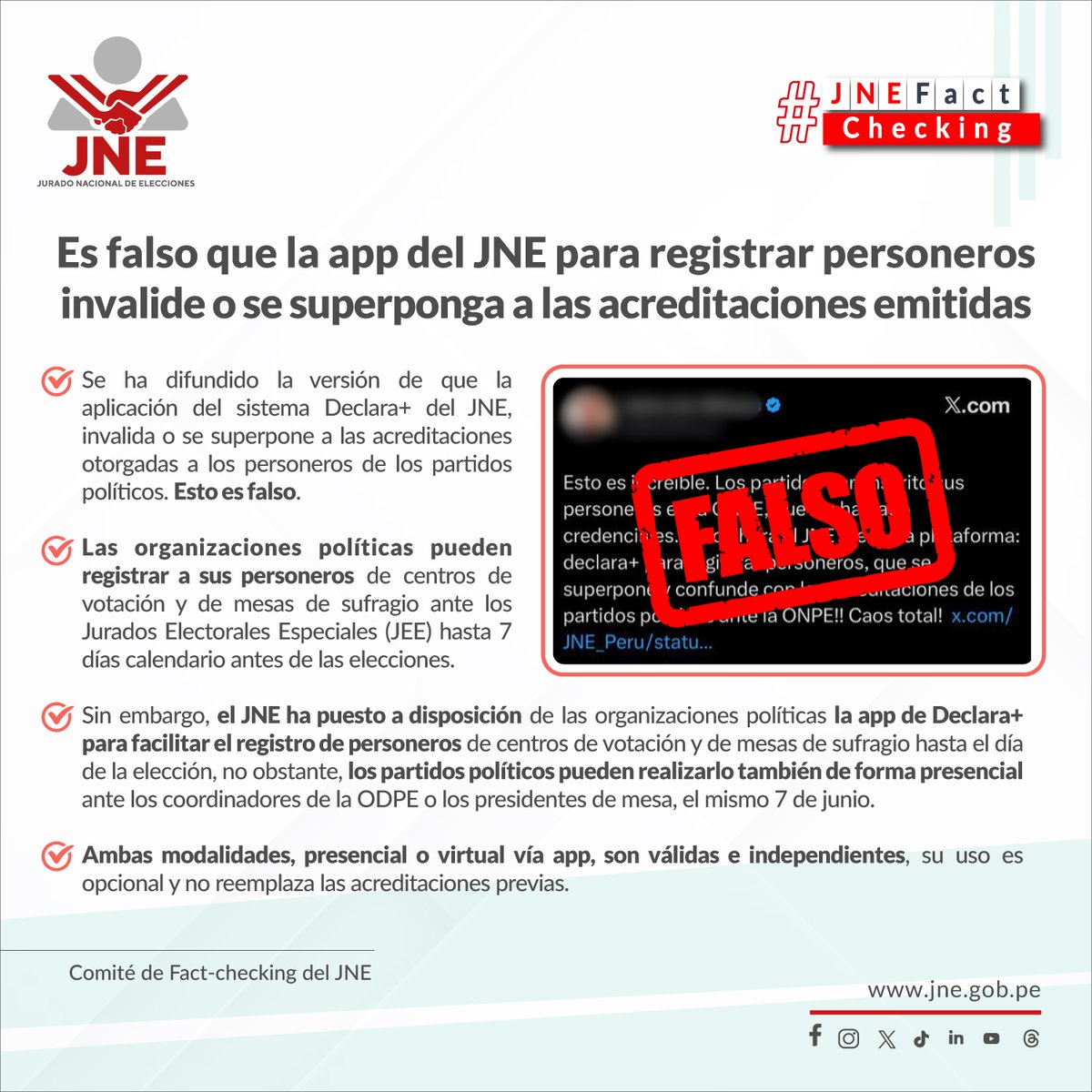 JNE_Peru's tweet photo. #JNEFactchecking | Es falso que App de Declara+ invalide o se superponga a las acreditaciones emitidas. Los partidos políticos pueden acreditar personeros hasta el 7 de junio.
❌¡Dile no a la desinformación! https://t.co/LdYQxA4HoY