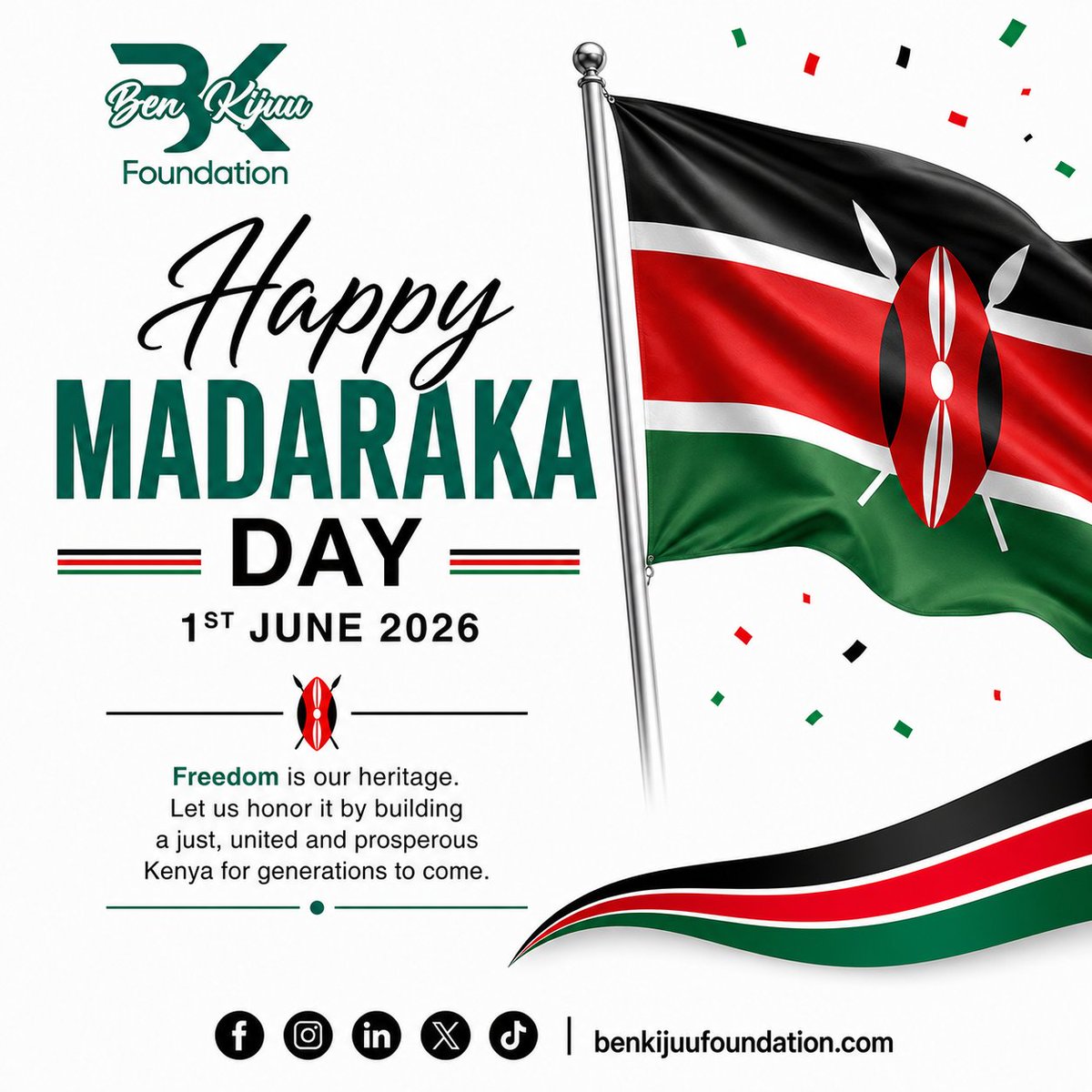 BenKijuuFound's tweet photo. 🇰🇪Happy Madaraka Day!

Today, we celebrate the freedom, resilience, and unity that define our nation. As we honor Kenya’s journey, let us continue building a brighter future for generations to come.

#MadarakaDay2026 #FreedomAndUnity #BenKijuuFoundation https://t.co/PeI2hejlXx
