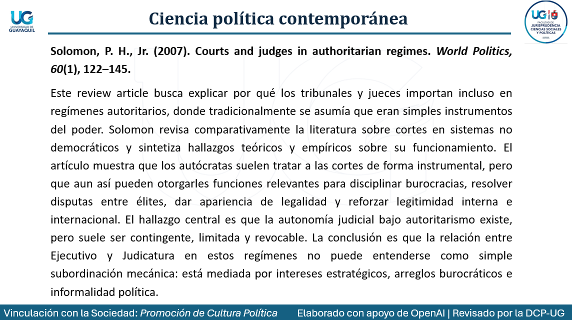 PoliticasUg's tweet photo. Hoy para aprender acerca de la relación entre el poder ejecutivo y la función judicial en regímenes autoritarios, los invitamos a revisar el siguiente resumen del artículo “Tribunales y jueces en regímenes autoritarios” de Solomon (2007) publicado en la revista World Politics.

Pueden consultar el texto completo aquí: https://t.co/f4VU6WRF0f

#CienciaPolítica #CulturaPolítica #Vinculación