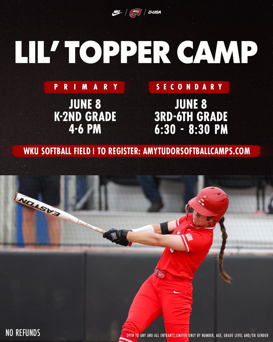 WKUSoftball's tweet photo. Our camps are almost here!

Head to https://t.co/3ARzPhnzrM to register!

#GoTops | #TMM https://t.co/zzn6sD8mod