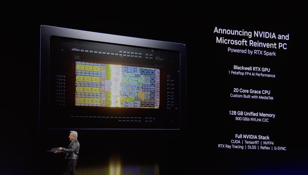mweinbach's tweet photo. Here are the RTX Spark specs

Full Blackwell GPU, up to 128GB of memory, 1 Petaflop of FP4 compute https://t.co/FKrL4v6dLu