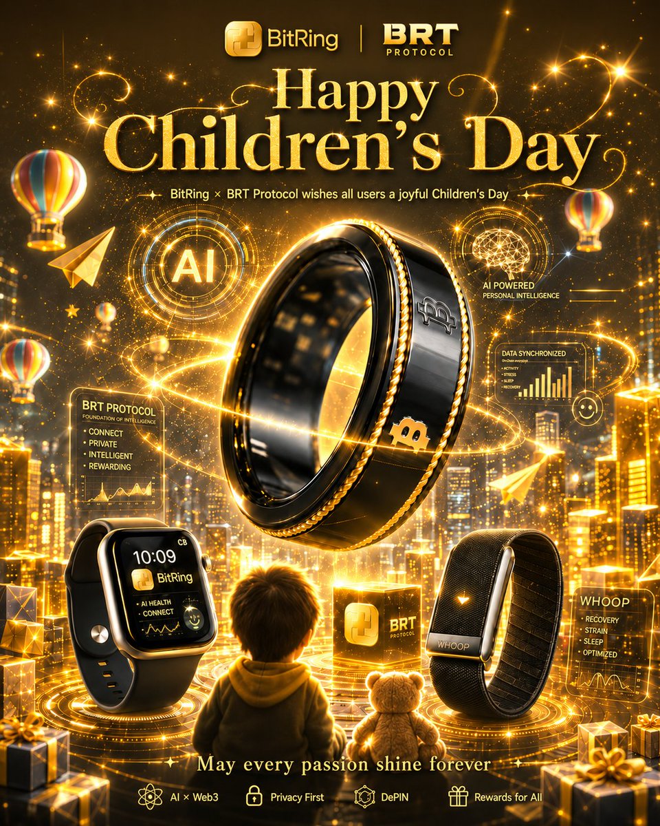 bitring2025's tweet photo. Happy Children’s Day from BitRing × BRT Protocol. ✨

May every passion shine forever.

From wearable devices to AI-powered health intelligence,
BitRing is connecting movement, data, and rewards into a new Web3 future.
#BitRing #BRTProtocol #AI #Web3 #DePIN #WearableTech #MoveToEarn