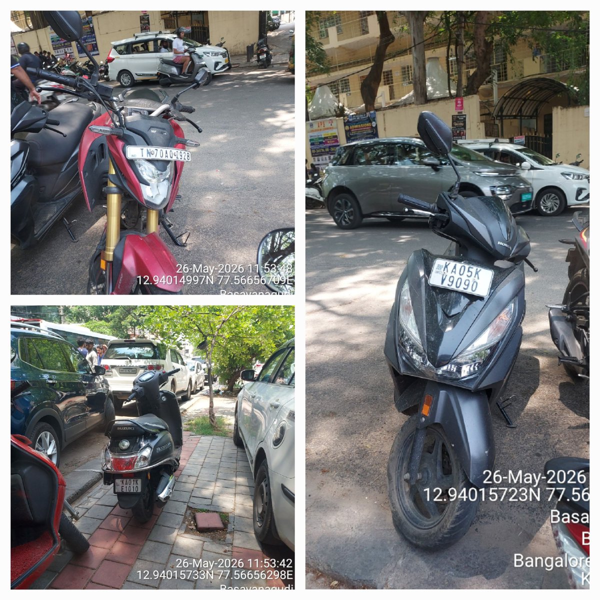 SaveBasavangudi's tweet photo. Bull Temple Road, Basavanagudi | 26-05-2026 11:53 AM

College of engineering students parked bikes/cars blocking house gates daily. 
Resident owner cannot take out his own car. See photo. trying 112 to clear, everyday need this?

This is "unauthorised parking mafia!!???" around colleges. Gated houses held hostage.

@GBA_Comm @BlrCityPolice @DCPTrSouthBCP 
@acpsouthtrf
@basvanguditrfps

Qa1. Tow vehicles blocking gates - Sec 122 MV Act
2. Book vehicle owners + fine Rs 1000/vehicle  
3. Permanent "PARKING at NO Parking area - 
Gate blocked "

Who has to provide parking for engineer's students

Residents are not free parking lots. ATR in 48hrs pls.

#BullTempleRoad #ParkingMafia?

 @Jointcptraffic