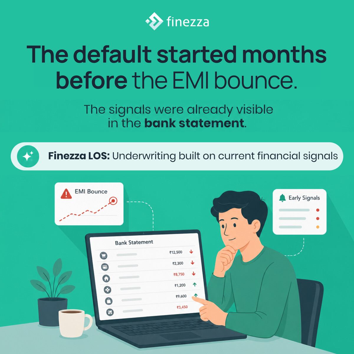 FinezzaHQ's tweet photo. Most MSME defaults don’t start with missed EMIs. 

The warning signs usually appear much earlier in cash flow and bank statement patterns.
Traditional underwriting often misses them.

Read more: https://t.co/naGnpa9YDC

#Finezza #CreditUnderwriting #MSMELending https://t.co/mMfMfwmFCc