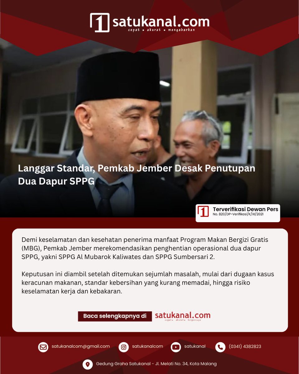 satukanalcom's tweet photo. Langgar Standar, Pemkab Jember Desak Penutupan Dua Dapur SPPG

Baca selengkapnya di https://t.co/POcJJ1rpwy

#Satukanal #JemberBaruJemberMaju #PemkabJember https://t.co/9lFDyjaIvi