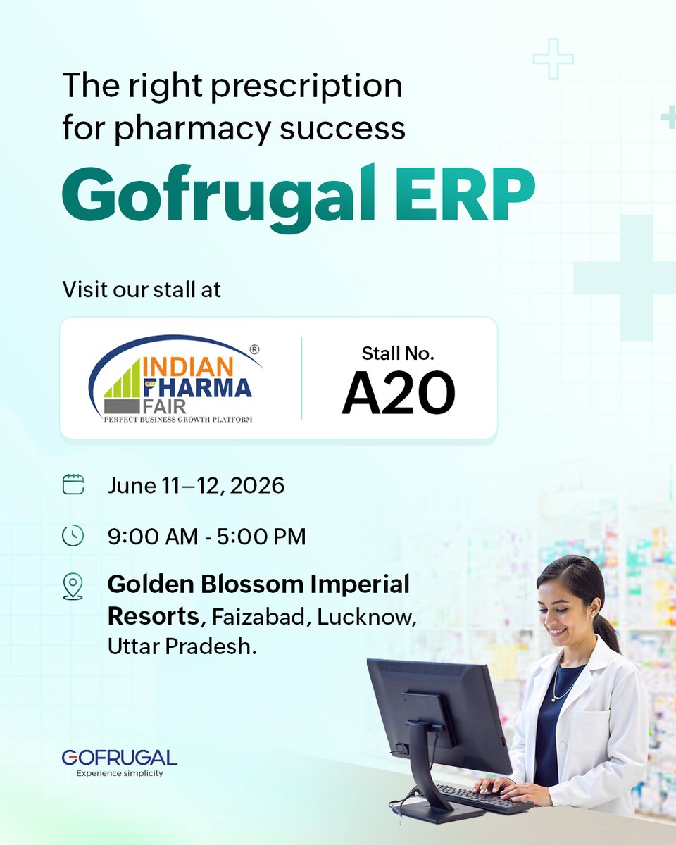 GOFRUGALTech's tweet photo. Hello Lucknow!

We’re coming to Indian Fharma Fair 2026 with smarter, faster, and simpler solutions for your pharmacy business.

Stall No. A20 | June 11–12 | Golden Blossom Imperial Resorts 

#PharmacyPOS #IndianFharmaFair #PharmaExpo #GrowWithGofrugal #RetailTech https://t.co/rYnJ1g92S8