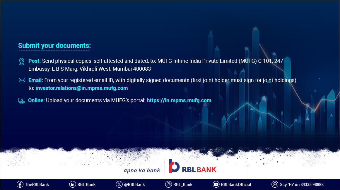 rblbank's tweet photo. “Saksham Niveshak” 
100 Days Campaign is back!

Investors with unclaimed dividends are encouraged to take action within the campaign period.
✔️ Update KYC
✔️ Verify bank & contact details
✔️ Claim pending dividends
Ensuring your records are updated helps avoid delays and secures your investments.

 #ApnoKaBank  #RBLBank  #SakshamNiveshak  #InvestorAwareness