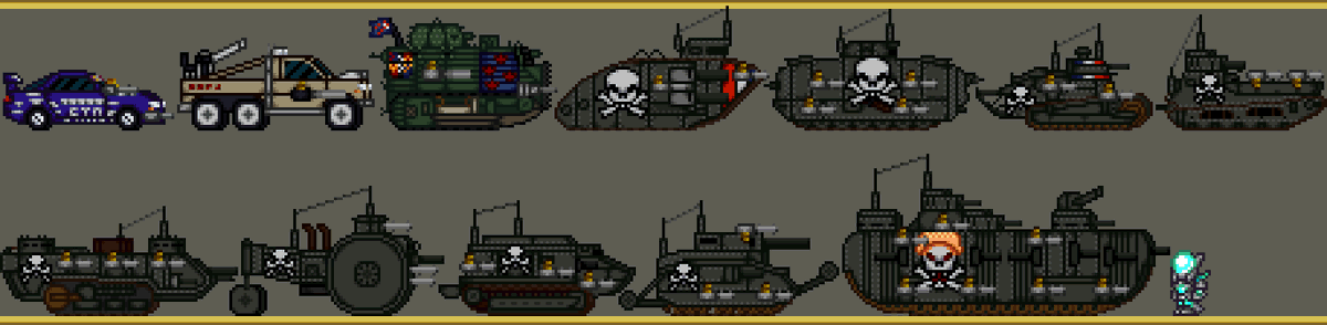 AbsoluteBoom96's tweet photo. All TM OCs I have created so far.
Fire Blur
Tremor
Mighty Bob
General Trojan
Lucifer
Bone Crusher
Death Sentence
Impaler
Lead Storm
Iron Fortress
Hell Hopper
Kaiser.
The last 9 acts as a group. With Kaiser as the final boss
#pixelart #pixelartist #terraria #twistedmetal #tank https://t.co/TYrj01fqni