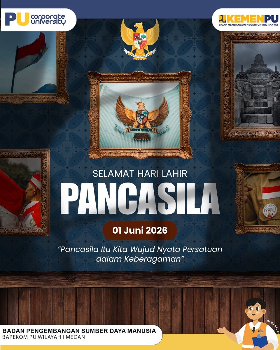 pu_bpsdm_bpk1's tweet photo. Selamat memperingati Hari Lahir Pancasila.

Momentum bersejarah pada tanggal 1 Juni ini merupakan pengingat bagi kita semua untuk meneguhkan kembali komitmen dalam mengamalkan nilai-nilai Pancasila

#SigapMembangunNegeriUntukRakyat
#PU608
#BPSDMPU
#PatenKali
#HariLahirPancasila https://t.co/BBp0dFX3Ei