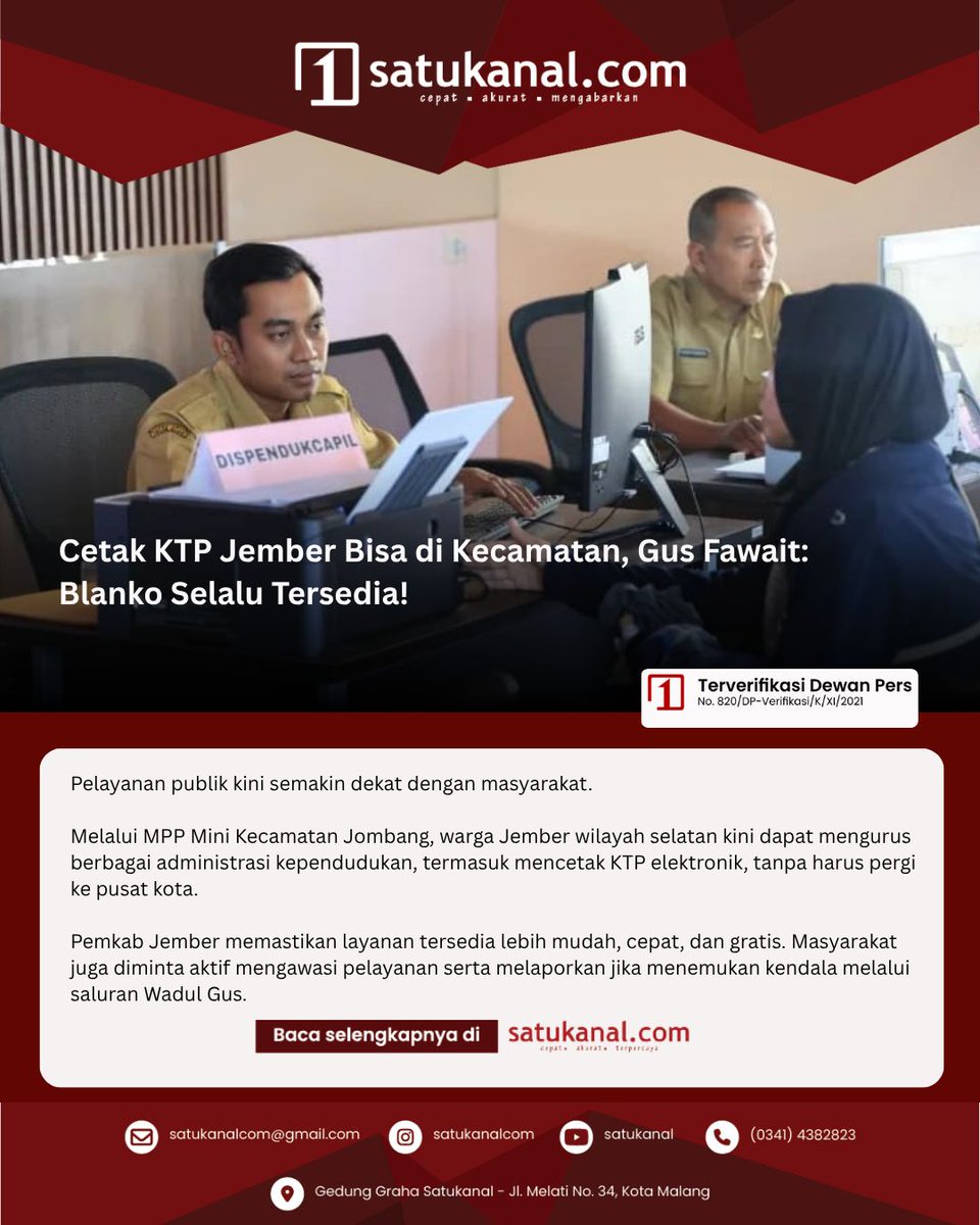 satukanalcom's tweet photo. Cetak KTP Jember Bisa di Kecamatan, Gus Fawait: Blanko Selalu Tersedia!

Baca selengkapnya di https://t.co/j85HIVk9KP https://t.co/3msDqmQ2IW