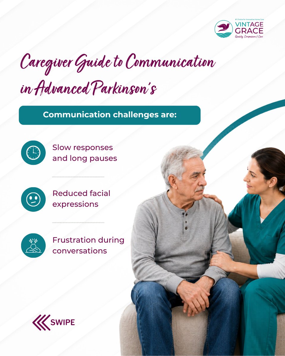 VGHomeCare's tweet photo. In advanced Parkinson’s, communication is not about fixing speech but connecting emotionally. Gentle tone, eye contact, and patience during silence can reduce frustration and build trust in conversations. 💙

#ParkinsonsCare #CaregiverSupport #SeniorCare #ParkinsonsAwareness https://t.co/aC9bns4Hp0