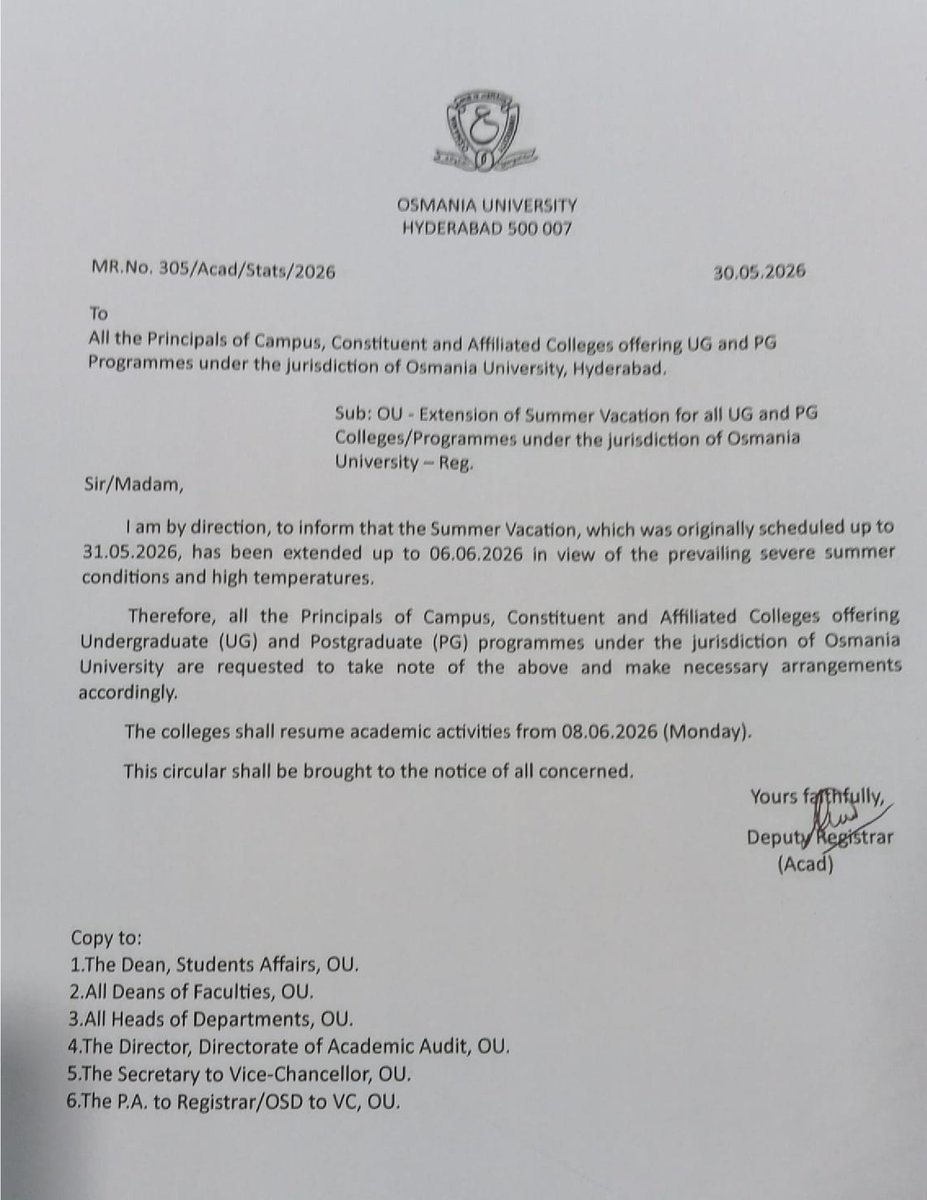 OU_Updates's tweet photo. Extension of Summer Vacation for all UG and PG Colleges/Programmes under the jurisdiction of Osmania University-Reg @ https://t.co/aCgLrqcYga https://t.co/wwLeddjEpe
