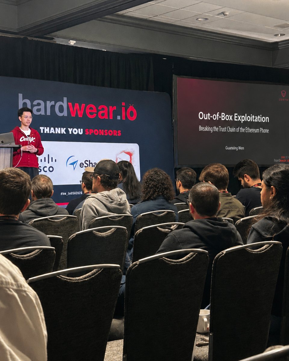 hhj4ck's tweet photo. Back from #HardwearUSA2026. Slides for my talk:
https://t.co/J1YcMqlH37

A few firsts: Live demo on stage, took more effort than expected, but was totally worth it; Did a post-talk interview about crypto phone security and what we do at @CertiK, looked more official than I felt; Opened a safe in their CTF. Have picked locks before, but never a safe.