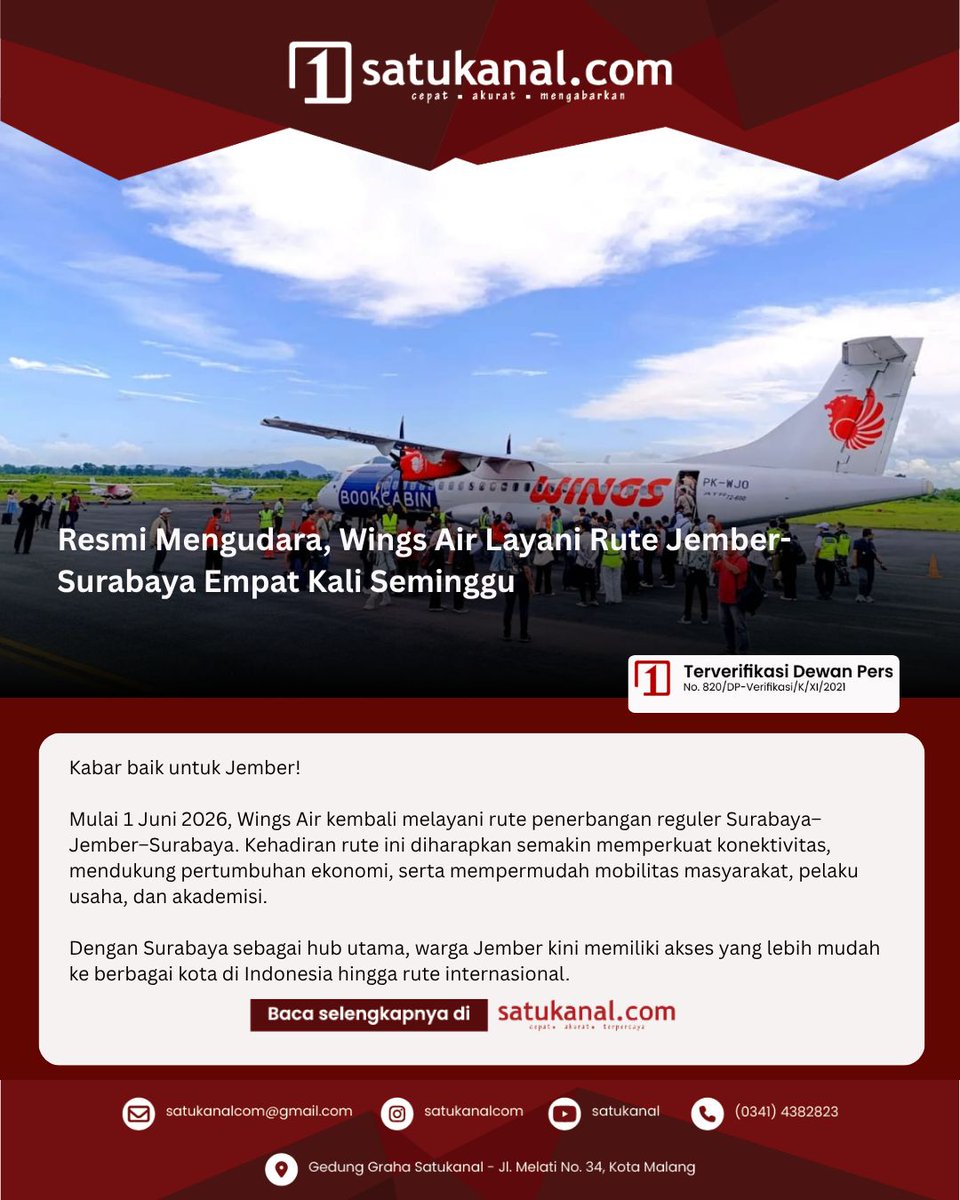 satukanalcom's tweet photo. Resmi Mengudara, Wings Air Layani Rute Jember-Surabaya Empat Kali Seminggu

Baca selengkapnya di https://t.co/nPT0U1RQ5N

#Satukanal #JemberBaruJemberMaju #PemkabJember https://t.co/1Hd59KBuIa