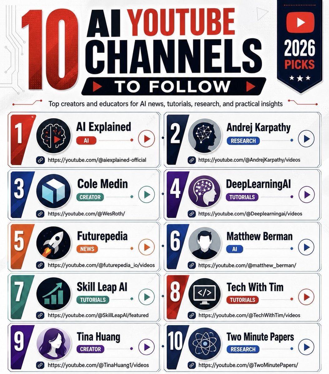 Jamesa_AI's tweet photo. Best YouTube Channels to learn AI in 2026:

1. AI Explained
👉 https://t.co/kW32cuIhyY…

2. Andrej Karpathy
👉 https://t.co/9ibW59Tn8R…

3. Cole Medin
👉 https://t.co/t0AMsb4wCU

4. DeepLearningAI
👉 https://t.co/koLsGbDaVo…

5. Futurepedia
👉 https://t.co/jo0pNmcFTB…

6. Matthew Berman
👉 https://t.co/CmrS0gdG2G…

7. Skill Leap AI
👉 https://t.co/JO1Jmnk2yP…

8. Tech With Tim
👉 https://t.co/xxKx6CdOQB…

9. Tina Huang
👉 https://t.co/x7Gc2pBvqK…

10. Two Minute Papers
👉 https://t.co/OWFRcpbv1p…