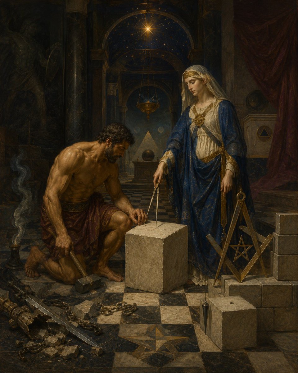 CoMasonry's tweet photo. Force, left to itself, is a blind giant. It strikes before it sees, spends itself before it understands, and often returns upon the hand that wielded it. 

In the soul, in the Lodge, in a people, in a nation, power becomes fruitful only when Wisdom holds the rule above it.  The common error is to mistake energy for strength. Anger has energy. Appetite has energy. Crowds have energy. Ambition, resentment, fear, zeal, and pride all have energy. 

Yet energy without measure scatters itself like steam escaping into the air. It shakes, burns, bruises, and vanishes. It builds no temple.  The true work begins when force consents to law. The hammer must answer to the line. 

The will must be governed by reason. Courage must be joined to justice. Strength must be made obedient to Truth and Love. Then the same power that might have destroyed becomes labor, protection, endurance, and progress.  

This is one of the first lessons of moral architecture: the force within us is not to be worshiped, wasted, or feared. It is to be disciplined. The hand grows noble when it learns to strike only where Wisdom has marked the stone.