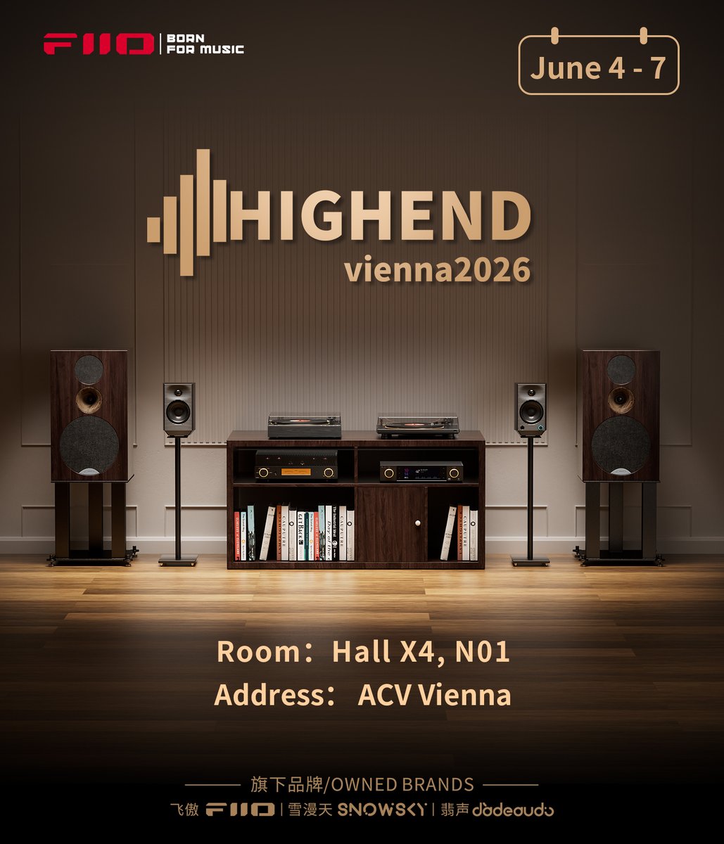 FIIO_official's tweet photo. Look forward to meeting you at HIGH END VIENNA 2026!😘
HIGH END VIENNA 2026 is coming this week, and FIIO will showcase many unreleased new products at the event:
Desktop dac/amp K17 R2R;
Desktop High-Resolution Transmitter, Decoder, and Headphone Amplifier All-in-one R7 R2R;
New IEMs: FX25, OAK NANO
New Headphones: FT15, JT9, WINDPro
New dongle: QX11
New headphone amplifier: CLASS A, GIGAS 1
Vintage FM Stereo Radio: RR13
Bluetooth earhooks: LINK TWS
Music Player at the Fingertips: ECHO NANO
as well as the full lineup of FIIO, JadeAudio, and SNOWSKY products, including M27/M33 R2R/M21/DISC, K17/K15/K13 R2R, FT7/FT13/FT1/EH11, and more. 
We warmly welcome you to come and experience the unique sound of each product. Visit our booth to get hands-on experience and chat face-to-face with our team. We look forward to seeing you at HIGH END VIENNA 2026!
Event Date: June 4–7 (Thursday to Sunday)
Event Venue: ACV Vienna 
FIIO Booth: Hall X4, N01

#FIIO #SNOWSKY #JadeAudio #HIGHENDVIENNA2026 #VIENNA #ACVVIENNA #Amplifier #DAC #Headphones #MusicPlayer