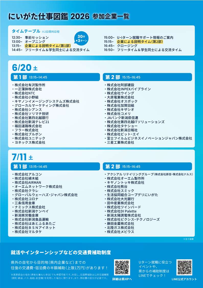 sanjo_city's tweet photo. 🎓＼就活中の学生必見！／

新潟の企業 約60社が参加！
オンライン合同説明会
「にいがた仕事図鑑2026」開催✨
📅6/20(土)・7/11(土)
💻参加無料
📷カメラOFF OK
🚪入退室自由
就活やインターンシップで使える
交通費・宿泊費補助（上限1万円）も！

詳しくはチラシまたはイベント特設サイトをご覧ください👇
https://t.co/eCCiwD7JbD