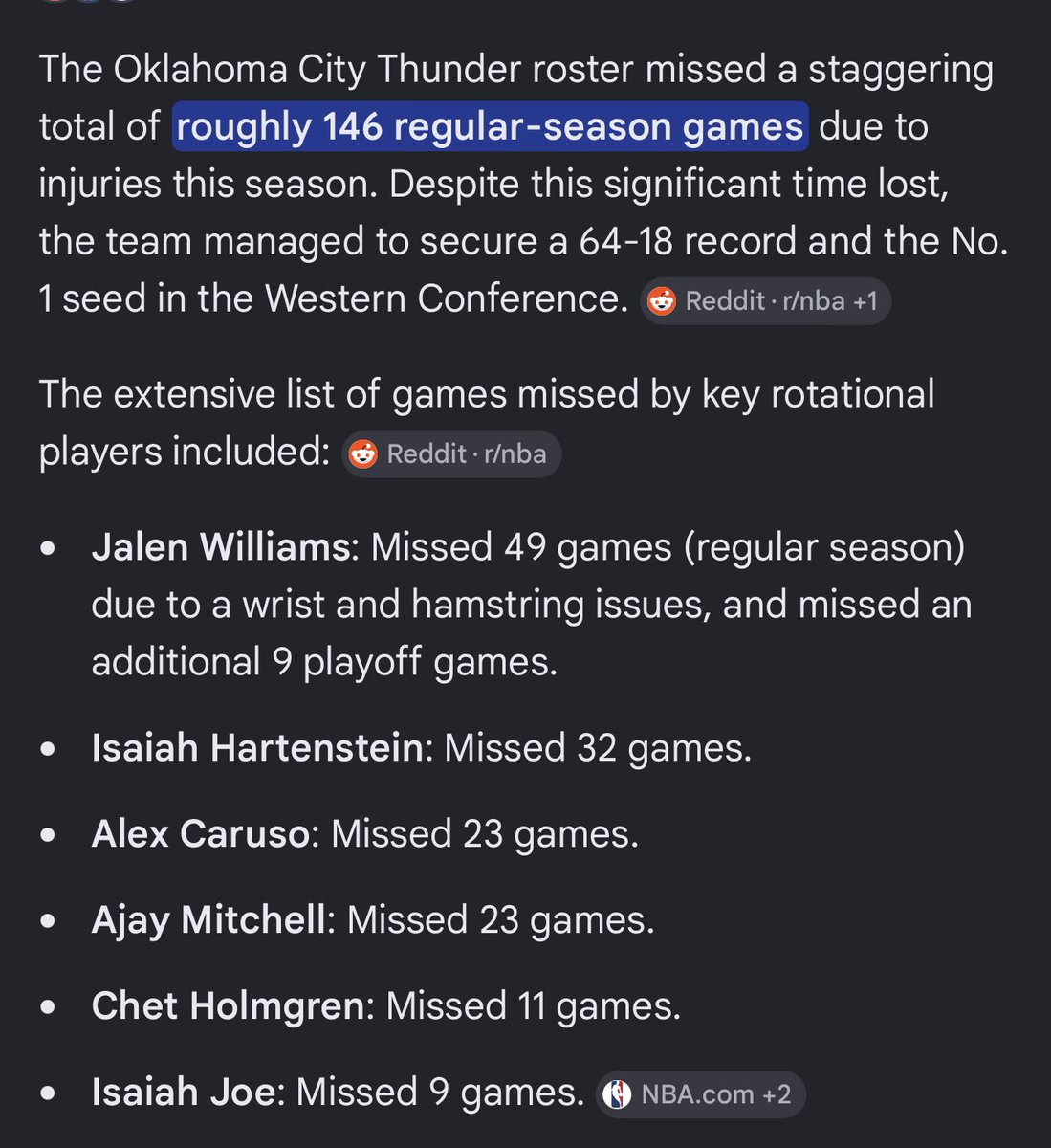 MVC_CoachBryson's tweet photo. @Brittcoco13 OKC in 2025-26 had the most games missed by injury of any team in the league. So for them to be a #1 seed again was pretty good feat. SGA also missed 9 games this season. https://t.co/GUgNW229Wm
