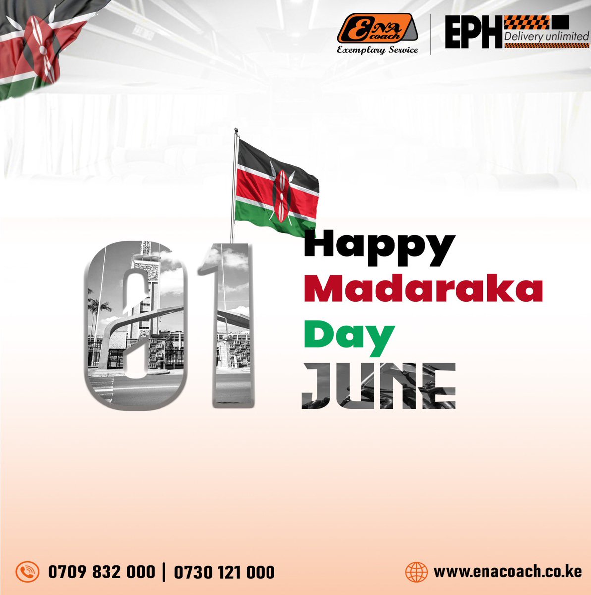 EnaCoach's tweet photo. As we mark Madaraka Day, may the spirit of patriotism, resilience, and progress continue to guide our nation. 

Happy Madaraka Day Kenya! 

0709832000/ 0730121000

#exemplaryservice https://t.co/0o4pz9z2IT