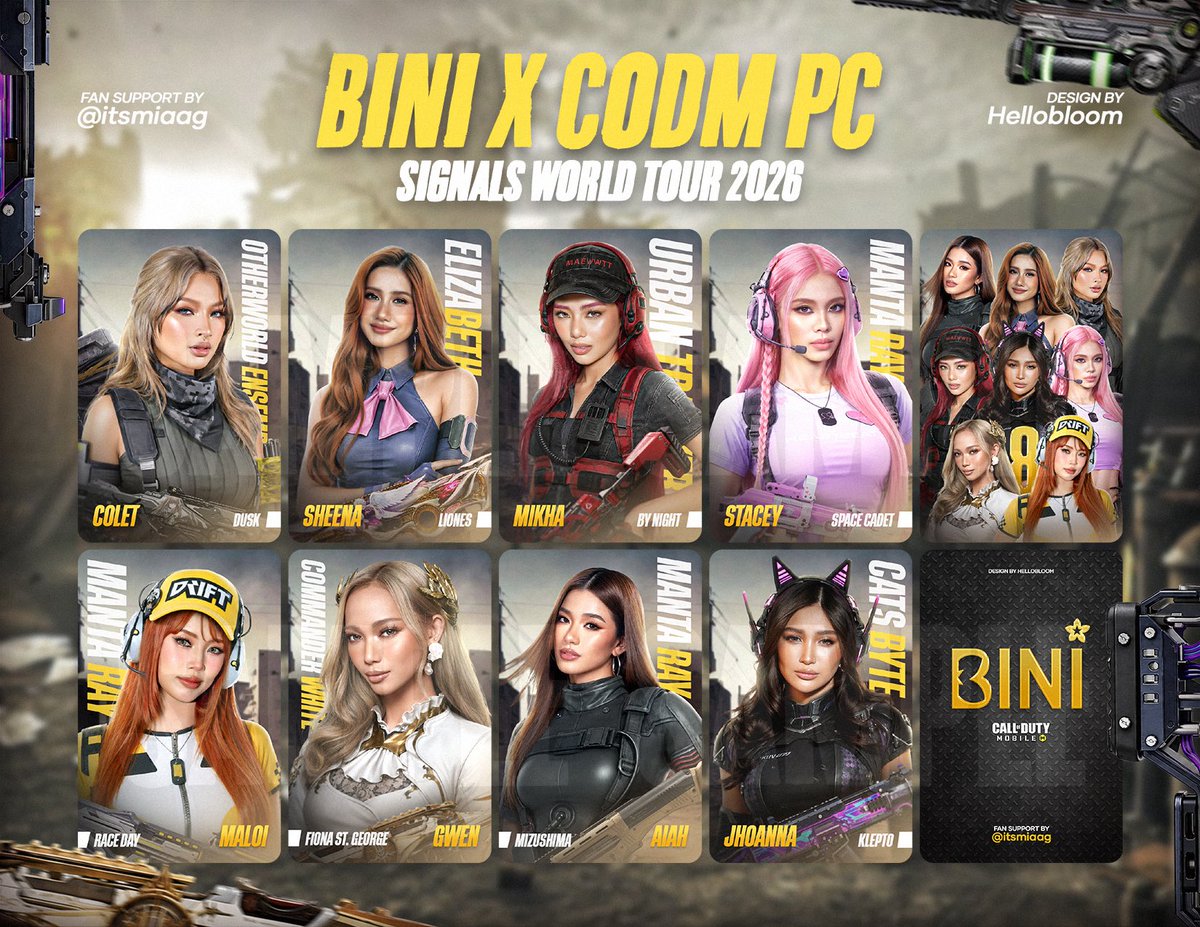 itsmiaag's tweet photo. ⚠️ DROP ZONE OPEN ⚠️
“BINI SIGNALS WORLD TOUR”
#BINI x CODM Fan Support loading… 🎮🔥
Operators secured, skins equipped, lobby ready for deployment 😮‍💨

✨ random loadout pick only
✨ limited quantity
✨ Moa Arena Day 1 and Day 2 

From Verdansk to the main stage, these girls carrying the whole squad 💥🫡

Design by: @hellobloom8 

#BINI #SignalsWorldTour #CODM
