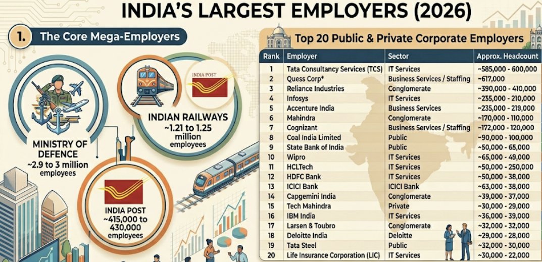 DefiantDevii's tweet photo. The list of top employers in India as per direct employee count. 
Adani employs only 48000 people compared to TCS which employs close to 6 lakh people. 
Any arguments supporting Adani on the merits of advancing India’s strategic or political capital are run by IT cell coolies. https://t.co/clv2x6WF2Q