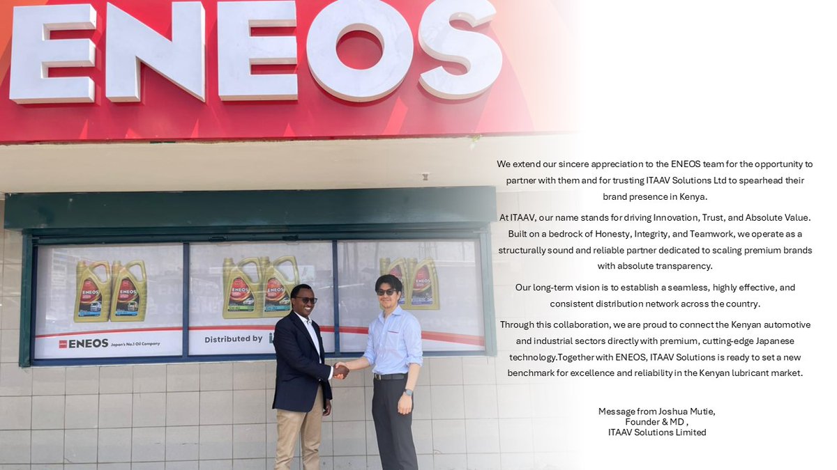eneosmena's tweet photo. We are pleased to announce and warmly welcome our new distributor of ENEOS lubricants in Kenya. 🇯🇵 🇰🇪
This partnership represents an exciting step forward in expanding access to premium Japanese lubricant technology and delivering high-performance solutions to customers 

#ENEOS https://t.co/yUKBcpXm3H