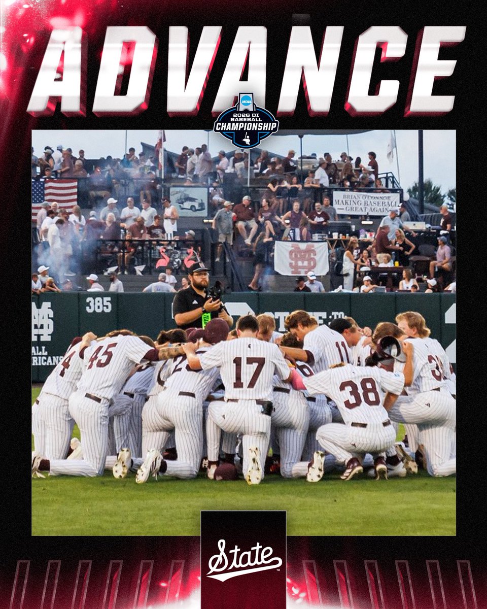 NCAABaseball's tweet photo. GOT IT DONE IN STARKVEGAS 😎

(14) @HailStateBB defeats Louisiana, 19-5, to advance to Super Regionals!

#RoadToOmaha https://t.co/msMfER0PnV