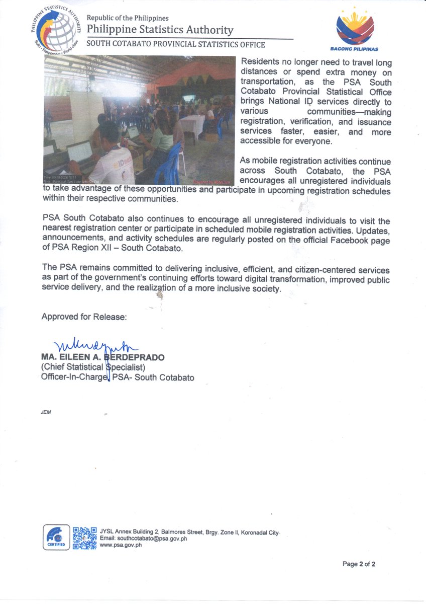 psasouthcot's tweet photo. 𝐏𝐑𝐄𝐒𝐒 𝐑𝐄𝐋𝐄𝐀𝐒𝐄 | PSA South Cotabato Provincial Statistical Office Brings Faster and More Accessible National ID Registration Services to Residents of South Cotabato

#NationalIDPH
#PSAOnTheGround
Read here:
Website: https://t.co/plsJ27negx https://t.co/CtsOyKsX43