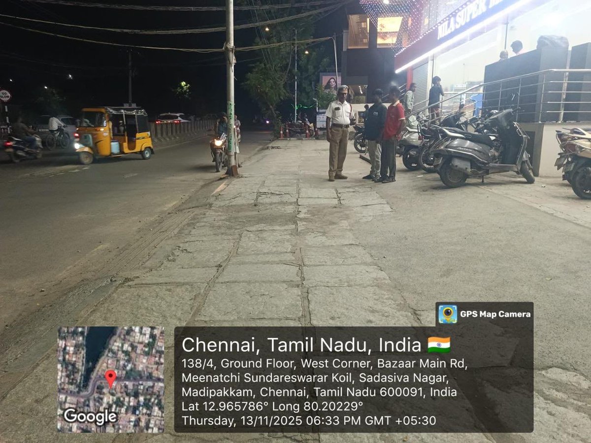 QuitLegit282491's tweet photo. The residents of Madipakkam are frustrated with the repeated follow-ups, yet no action has been taken by the government. Nila Supermarket is causing frequent accidents, and when confronted, the staff behave rudely and even provoke fights. The police were called some months ago, and they assured us that action would be taken. However, months have passed, and nothing has changed. Citizens are at risk of losing their lives due to the altered and broken pedestrian footpath, and the removal of all safety barricades, which is causing accidents. We earnestly request that you consider our plight before a life is lost. @chennaipolice_  @TNpolice_cz @tnpoliceoffl @ArunIPSCOP @reclaimchennai @ChennaiTraffic @TVKVijayHQ @CMOTamilnadu @tvkpartyupdate @TVKHQITWingOffl @COPTBM @ponkarthik_r sir kindly help this situation. It’s been more than 1 year .
