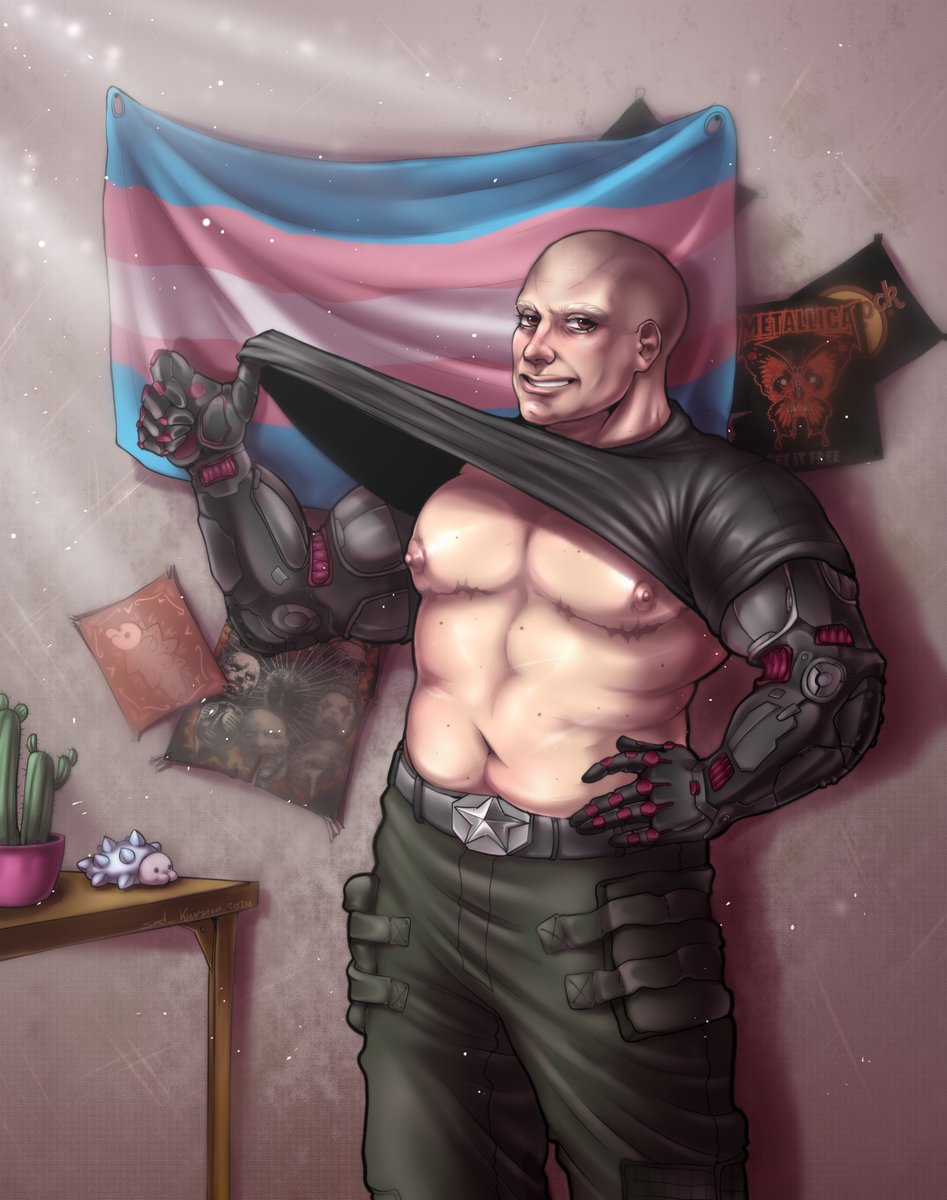 baga_bun's tweet photo. In honor of pride month, here is trans Adam Smasher that I commissioned from @SadKiersten ♡♡♡ https://t.co/Dysw8PYkEq