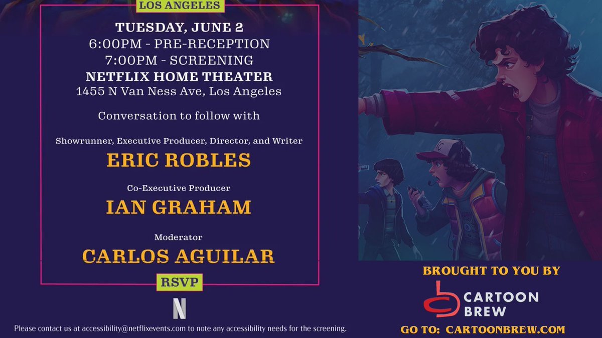 LegitEricRobles's tweet photo. Cartoon Brew is inviting you and a guest to a special Los Angeles screening of Stranger Things: Tales  from ’85, followed by a Q&amp;A with showrunner, executive producer, Eric Robles and co-executive producer Ian Graham. Go to https://t.co/Lnv3RK4UhU to RSVP. Seats are limited. https://t.co/NFmrXHB6qC