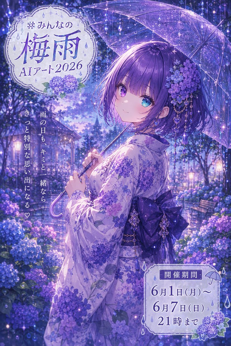 IiqMupiMqEhgsFV's tweet photo. ☔️AIアート企画開催☔️
#みんなの梅雨AIアート2026
梅雨をテーマにしたAIアートを大募集します！
しっとり雨の日、紫陽花、傘、雨上がり、水たまり、 幻想的な梅雨の世界など… 「梅雨」を感じる作品なら何でもOK！
【開催期間】 6月1日(月)〜6月7日(日) 21:00まで
【参加方法】 「#みんなの梅雨AIアート2026」を付けて投稿！
【ルール】 ☔️AIイラスト・AI動画OK ☔️二次創作OK ☔️リアル系OK ☔️加工OK ☔️何回でも参加OK（回数無制限） ☔️過去作の再編集OK
【NG】 ❌センシティブ作品 
【テーマ例】 ・雨の街並み ・紫陽花と少女 ・和風梅雨イラスト ・雨の日の猫 ・幻想的な雨空 ・梅雨の夜景 ・カエルやてるてる坊主 ・サイバー梅雨世界 ・レインコートキャラ ・水滴表現チャレンジ など自由！
初心者さんも大歓迎！ みんなで梅雨の世界を楽しみましょう☔️✨