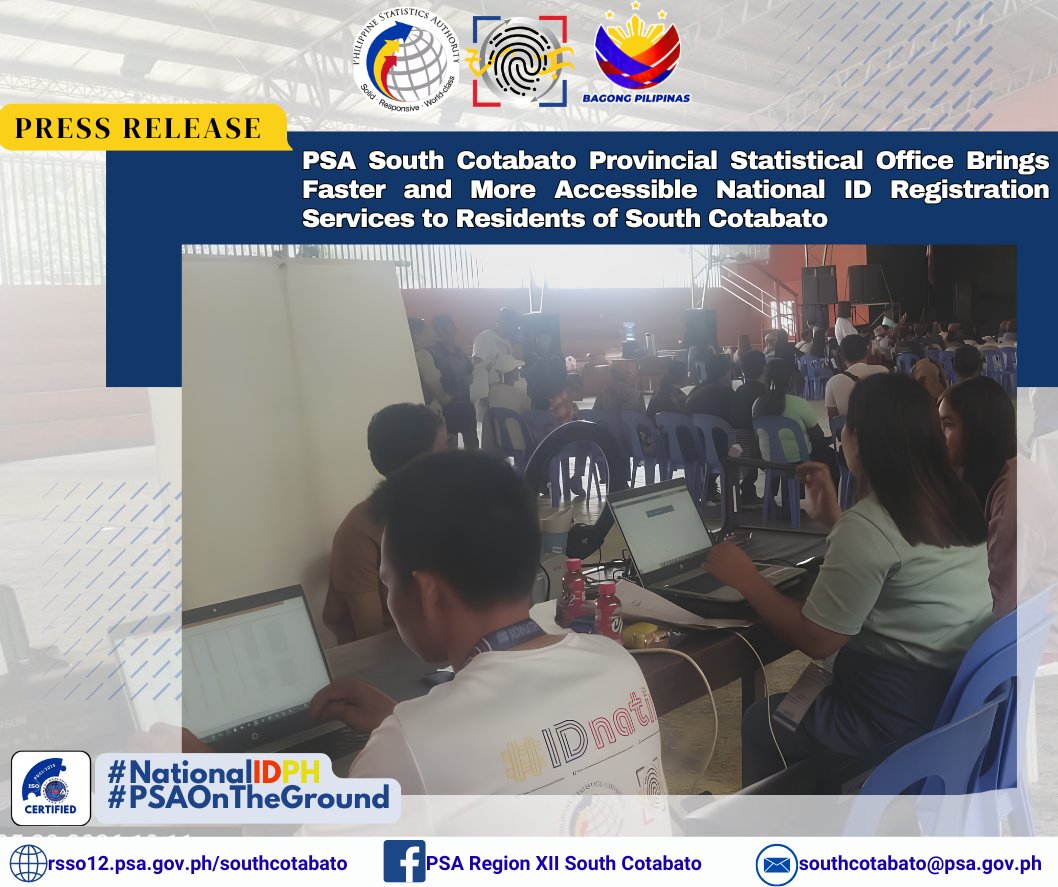psasouthcot's tweet photo. 𝐏𝐑𝐄𝐒𝐒 𝐑𝐄𝐋𝐄𝐀𝐒𝐄 | PSA South Cotabato Provincial Statistical Office Brings Faster and More Accessible National ID Registration Services to Residents of South Cotabato

 #NationalIDPH 
#PSAOnTheGround

Read here: Website: https://t.co/plsJ27negx https://t.co/xhriUelVgl