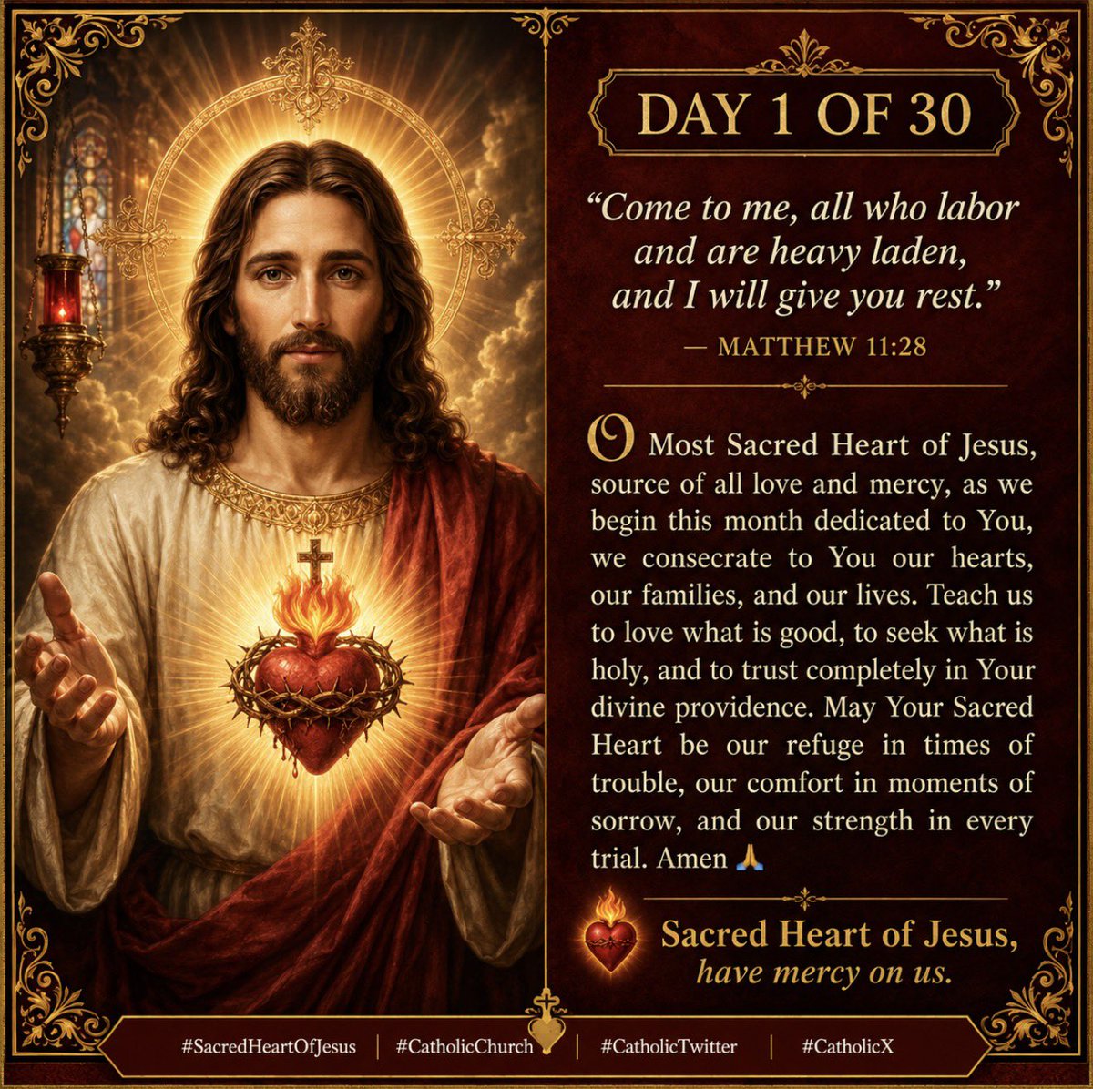 realasu's tweet photo. "Come to me, all who labor and are heavy laden, and I will give you rest." — Matthew 11:28

O Most Sacred Heart of Jesus, source of all love and mercy, as we begin this month dedicated to You, we consecrate to You our hearts, our families, and our lives. Teach us to love what is good, to seek what is holy, and to trust completely in Your divine providence. May Your Sacred Heart be our refuge in times of trouble, our comfort in moments of sorrow, and our strength in every trial. Amen 🙏🏾.
#SacredHeartOfJesus #CatholicChurch #CatholicTwitter #CatholicX