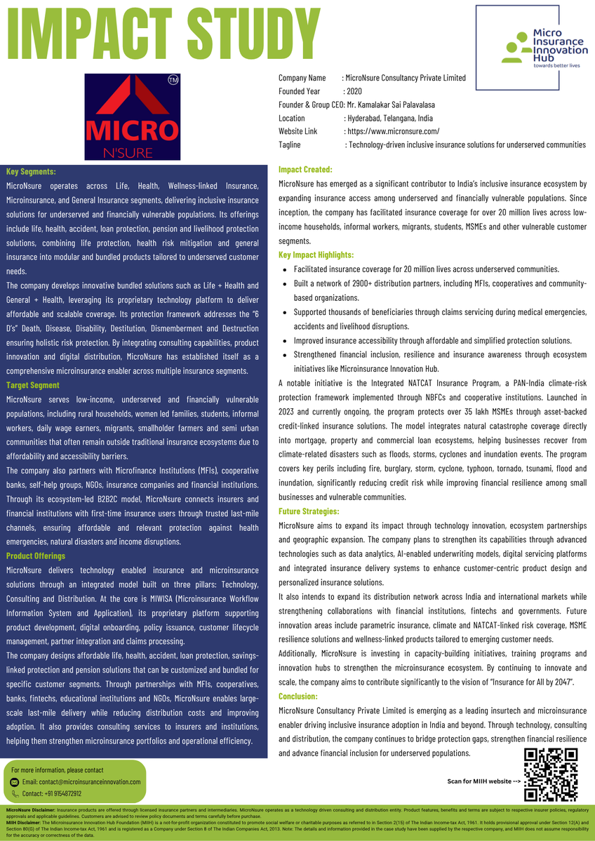 MIInnovationhub's tweet photo. The impact journey of @MicronSure the vision of Mr. Kamalakar Sai Palavalasa showcase how innovation can make insurance more accessible and meaningful for underserved communities.

#MicroNsure #ImpactStudy #Microinsurance #FinancialInclusion https://t.co/Hhy3Lrd816