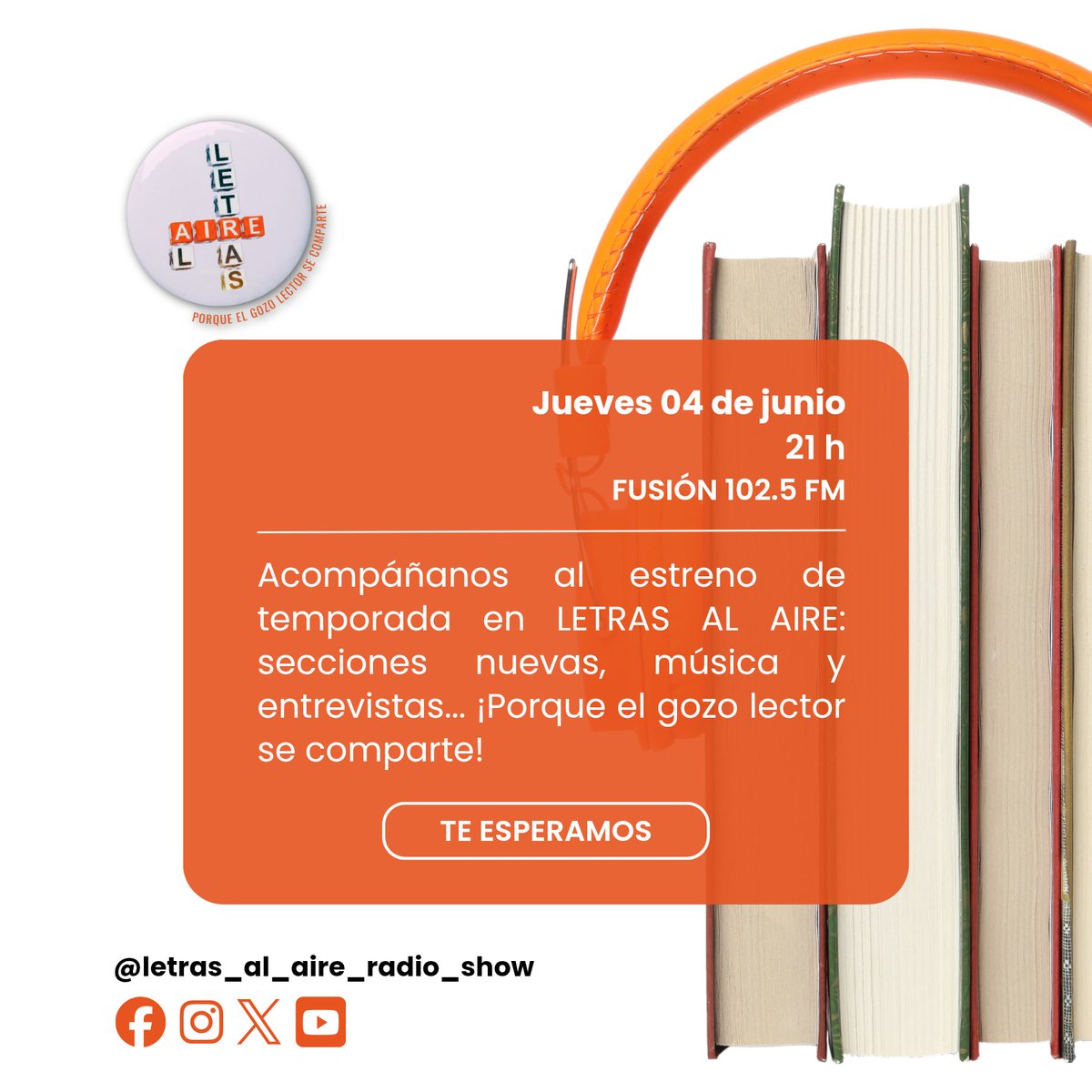 Letras_al_Aire's tweet photo. Te esperamos en el estreno de temporada de 𝗟𝗘𝗧𝗥𝗔𝗦 𝗔𝗟 𝗔𝗜𝗥𝗘
🗓️ jueves 4 de junio
🕘 9:00 p. m.
📻 Fusión 102.5 FM
¡ᴘᴏʀǫᴜᴇ ᴇʟ ɢᴏᴢᴏ ʟᴇᴄᴛᴏʀ sᴇ ᴄᴏᴍᴘᴀʀᴛᴇ! https://t.co/mC0HYzc8EH